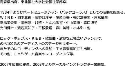 青森県出身。東北福祉大学社会福祉学部卒。  1984年よりサポートミュージシャン（バックコーラス）としての活動を始める。 ＷＩＮＫ・岡本真夜・荻野目洋子・尾崎